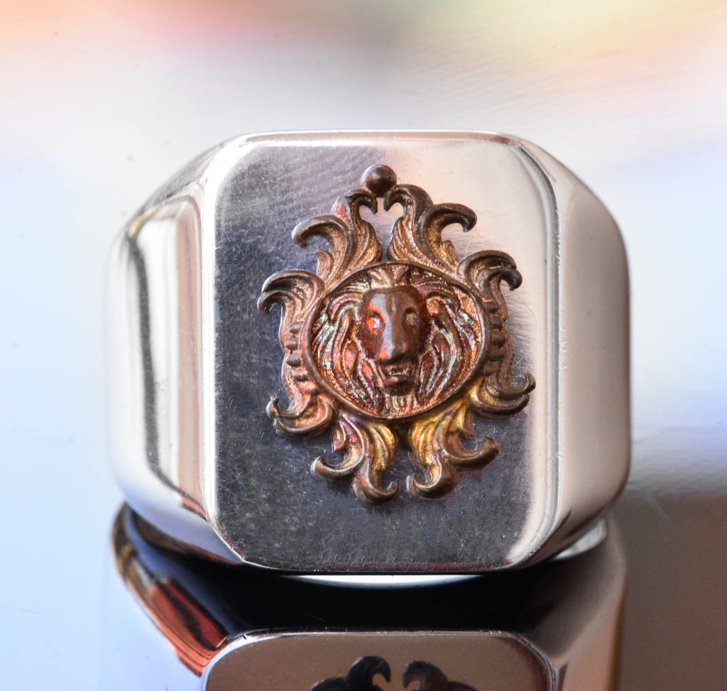 KAMBO Sterling Silver Signet Ring for Men, Handmade 925 Sterling Silver Lion Animal Motif, Vintage Statement Ring