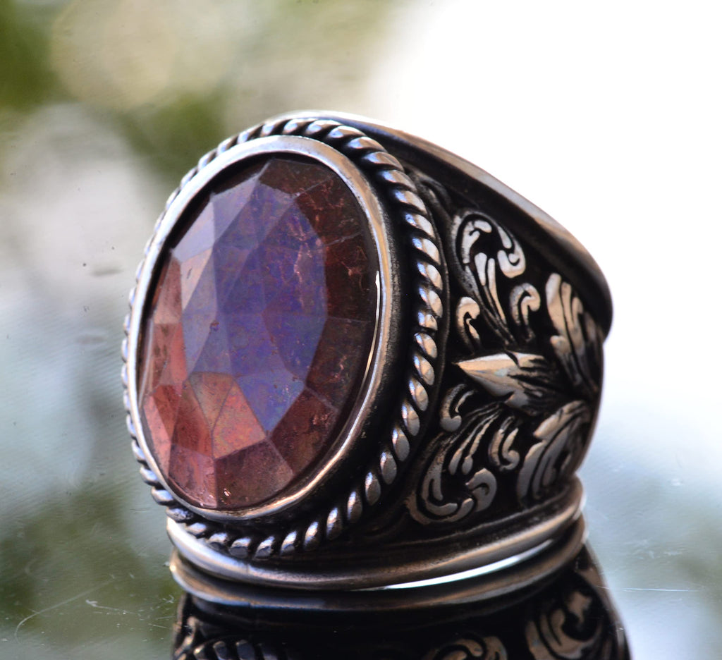 Natural Garnet Stone Ring - Lily Patterned Men's Ring - 925 Sterling Silver Design — 3
