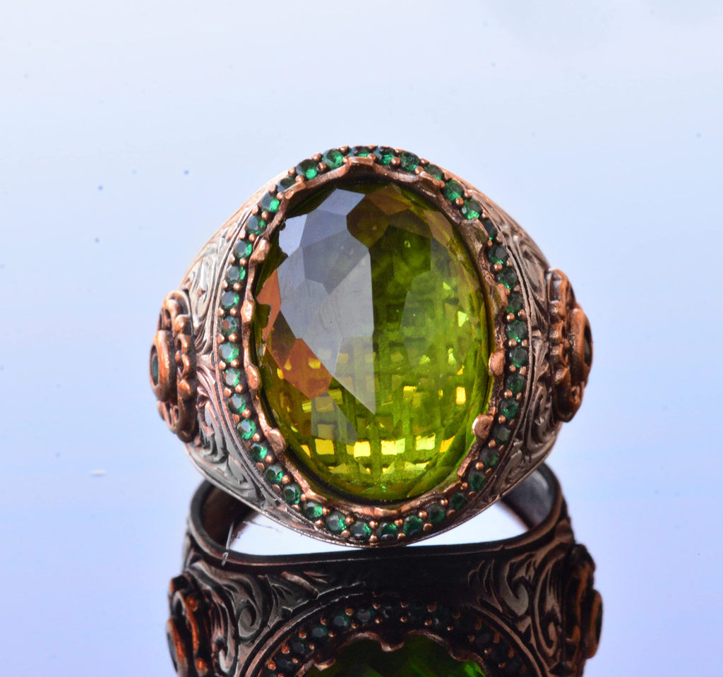 Handmade Silver Men's Ring | Green Artificial Peridot Stone | Renewal and Goodness Design — 8