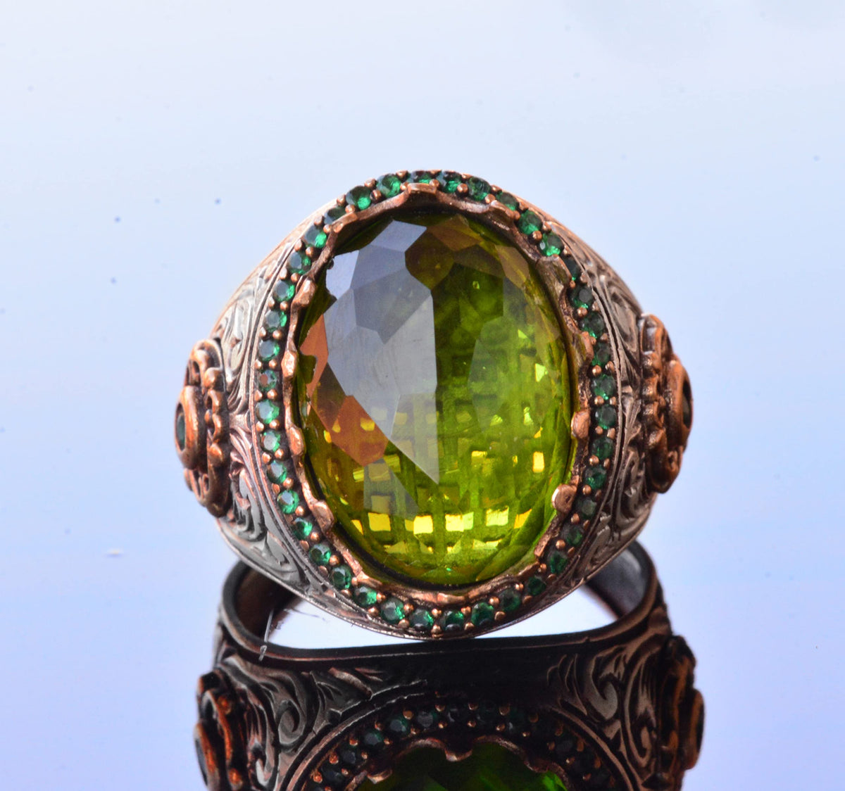 Handmade Silver Men's Ring | Green Artificial Peridot Stone | Renewal and Goodness Design — 8