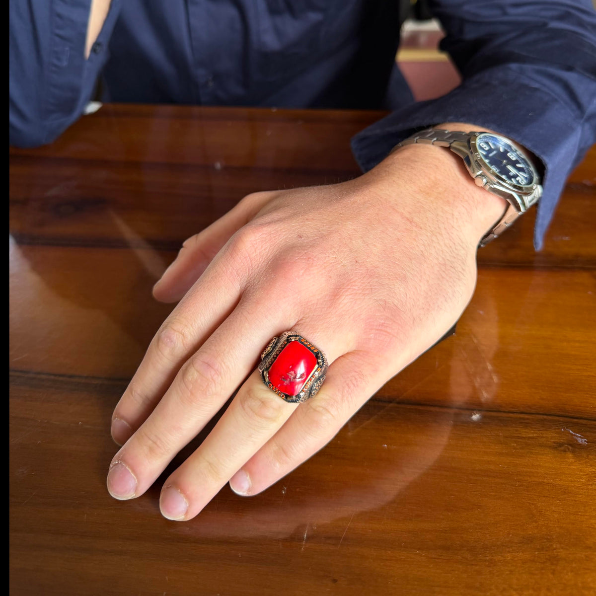 KAMBO Natural Red Coral Large Men's Ring - 925 Sterling Silver Rectangular Seal Ring, Handmade Vintage Jewelry — 3