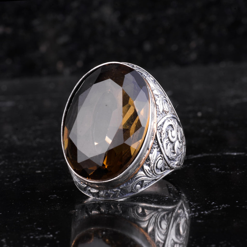 KAMBO Natural Smoky Topaz Stone Large Ring for Men - Faceted Oval Vintage Engraved Statement Ring - 925 Sterling Silver Handmade Men's Jewelry — 3