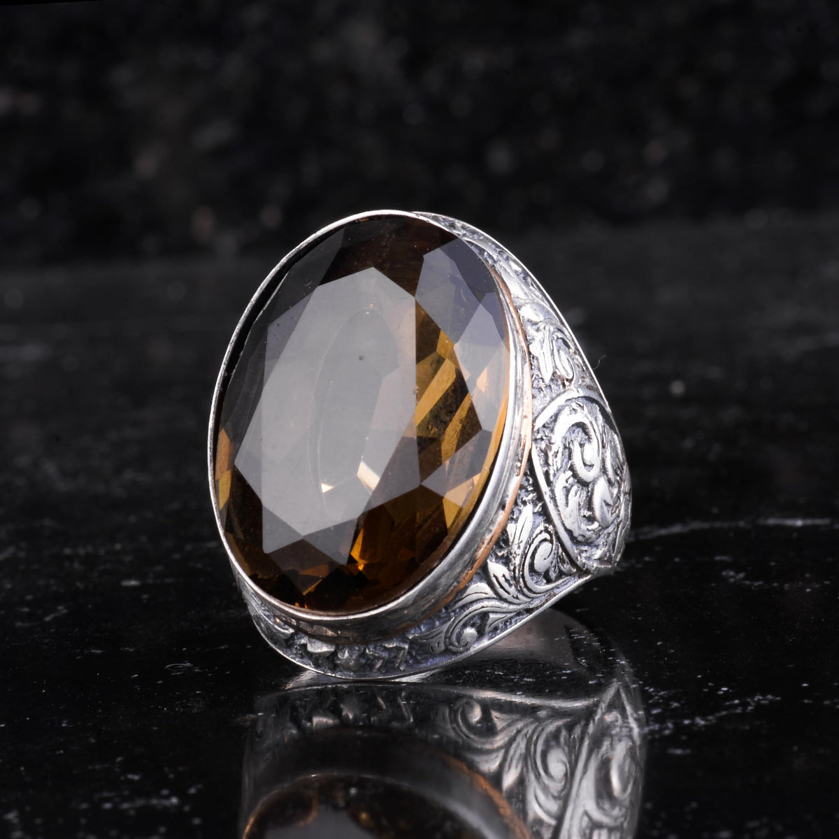 KAMBO Natural Smoky Topaz Stone Large Ring for Men - Faceted Oval Vintage Engraved Statement Ring - 925 Sterling Silver Handmade Men's Jewelry — 3