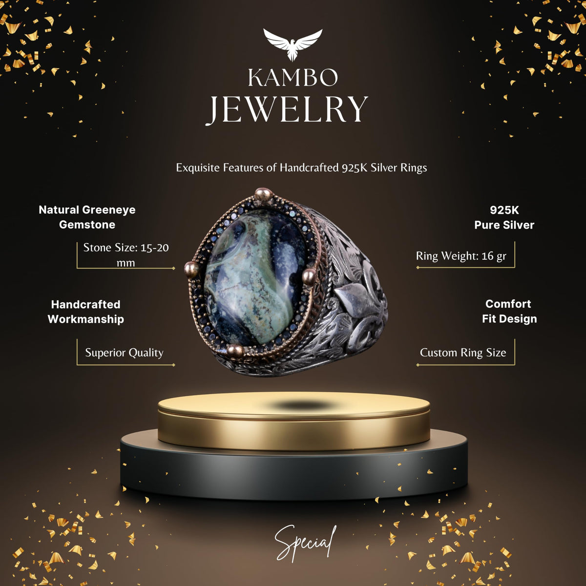 925 Sterling Silver Handcrafted Men's Ring - Available with Different Natural Stones (Green Eye) — 7