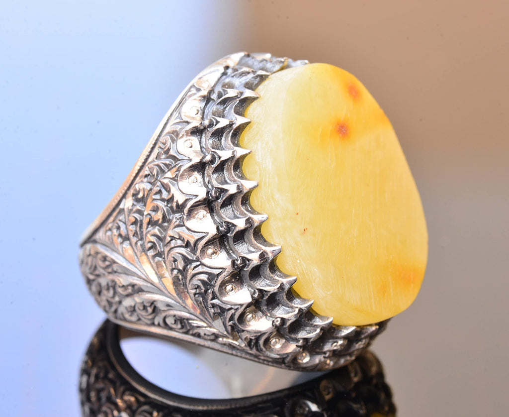KAMBO Handmade Natural Amber Men's Ring in 925 Sterling Silver | Bold Gemstone Statement Jewelry | Vintage Inspired Desi