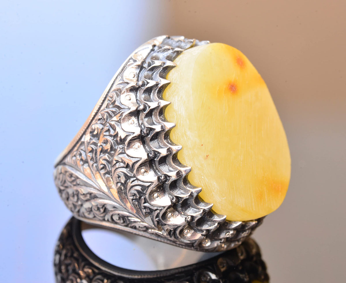 KAMBO Handmade Natural Amber Men's Ring in 925 Sterling Silver | Bold Gemstone Statement Jewelry | Vintage Inspired Desi