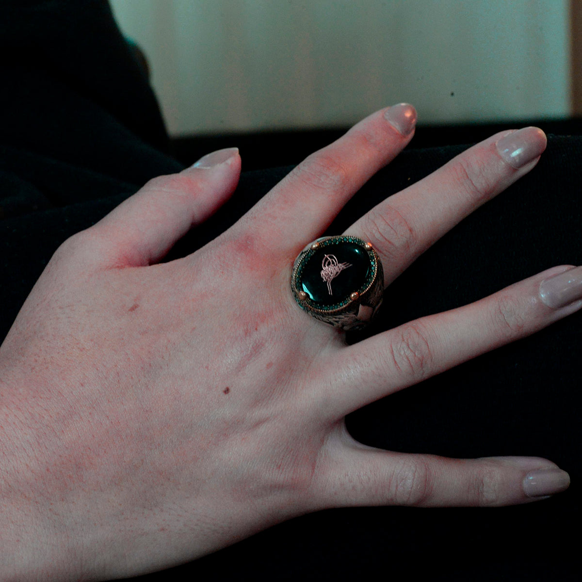 Handmade Black Onyx Stone Ring, 925 Sterling Silver Men's Ring, Turkish Tughra Design — 6
