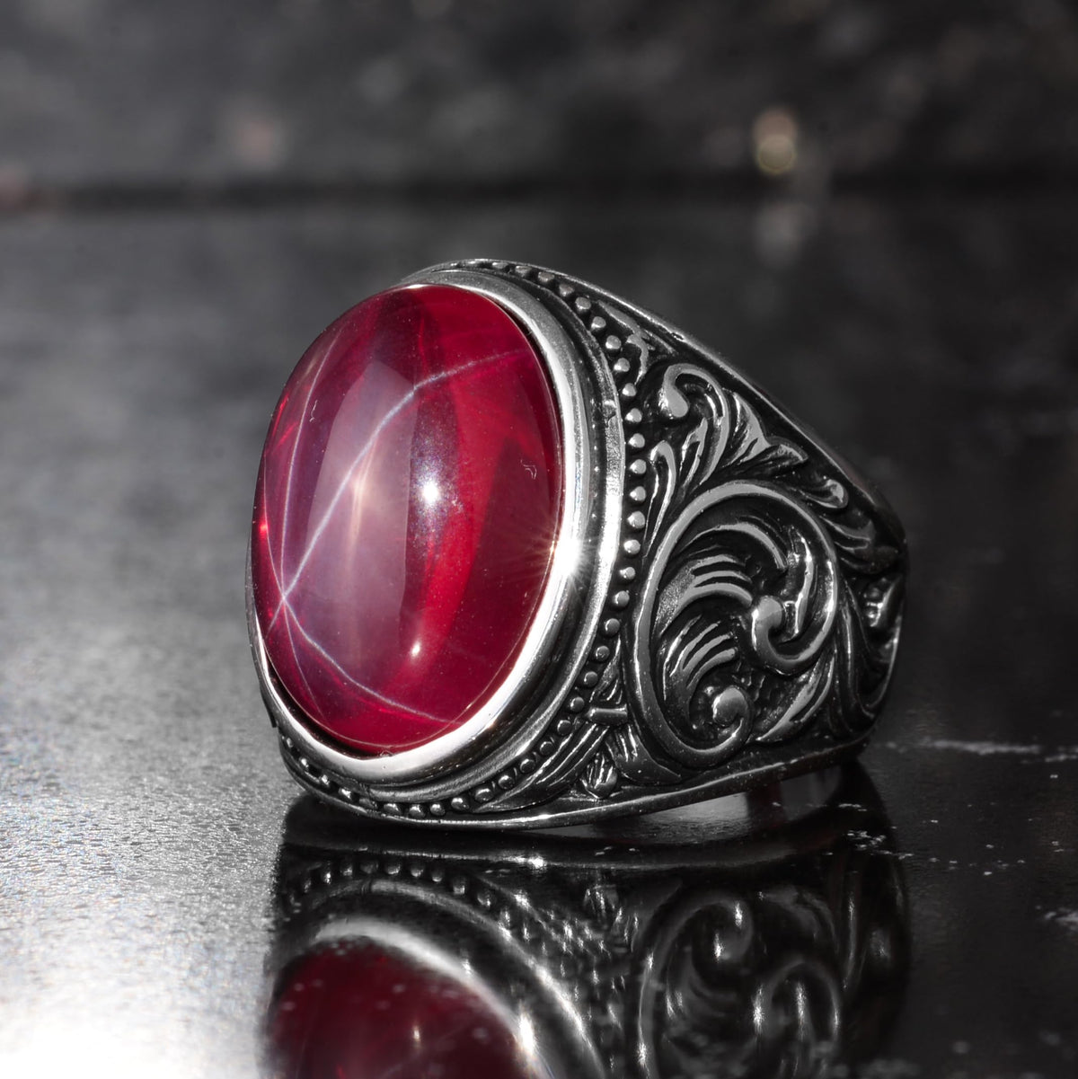 KAMBO Natural Star Ruby Stone Ring for Men 925 Sterling Silver Ottoman Pattern Handmade Statement Ring Asterism Ruby — 4