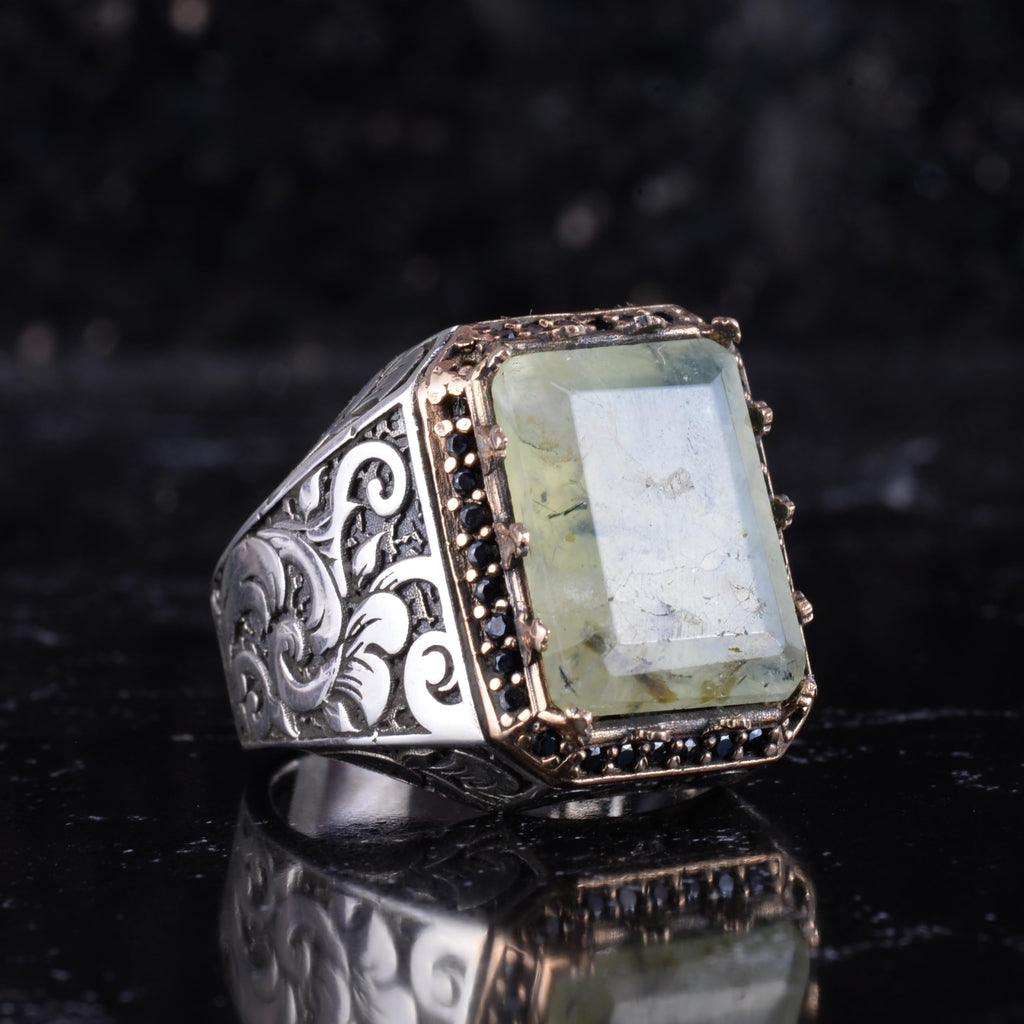 KAMBO Natural Stone Ring for Men 925 Sterling Silver - Rectangular Statement Ring Handmade Jewelry (Prehnite) — 6