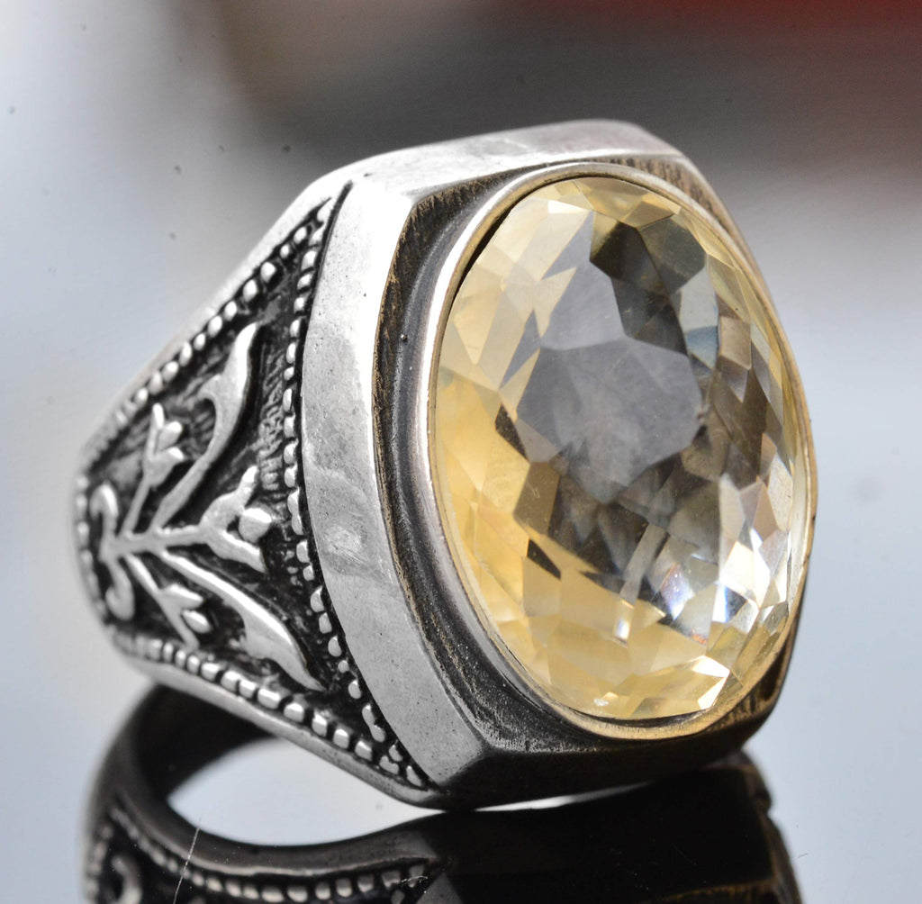 Silver Ring - Natural Oval Citrine Stone and Tulip Motif Design — 3