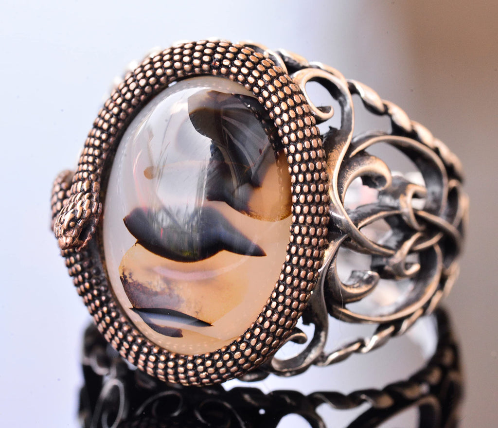 Natural Yemen Agate Stone, Snake Ring, Handmade Ring, Silver Men's Ring, Gift for Him, Silver Accessory Brown — 3