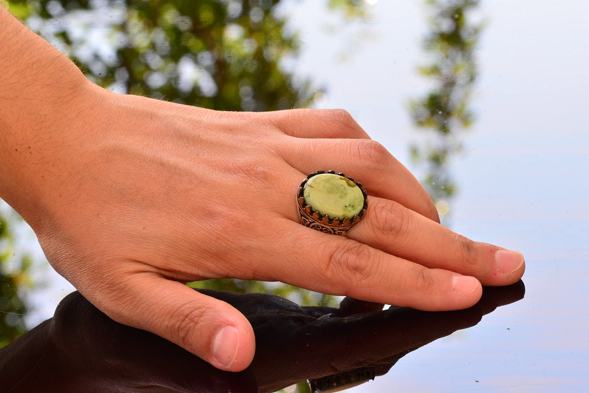 Natural Green Turquoise Ring, Silver Green Turquoise Ring, 925 Sterling Silver Men's Ring, Large Ring — 6
