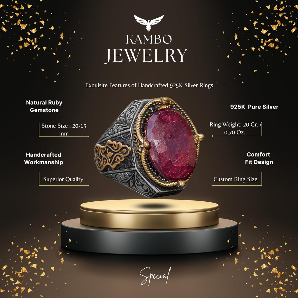 KAMBO Handmade Vintage Ruby Ring for Men - 925 Sterling Silver Statement Gemstone Ring with Gold Accents, Classic Design