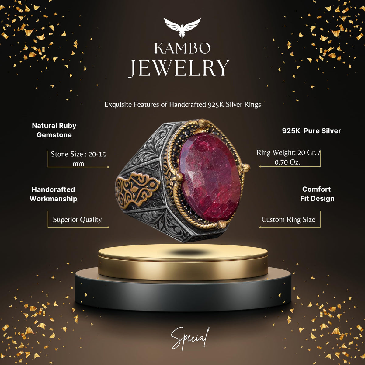 KAMBO Handmade Vintage Ruby Ring for Men - 925 Sterling Silver Statement Gemstone Ring with Gold Accents, Classic Design