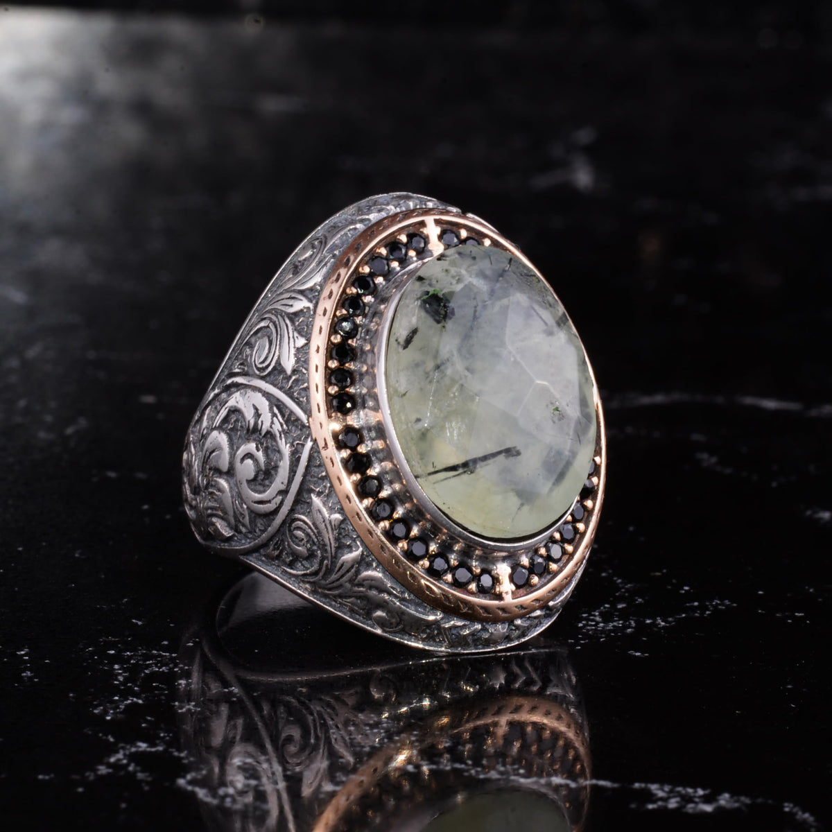 Men's Natural Stone Large Ring – Oval Stone Vintage Byzantine Engraved Statement Ring - Antique Filigree 925 Sterling Silver Jewelry (Prehnite) — 6