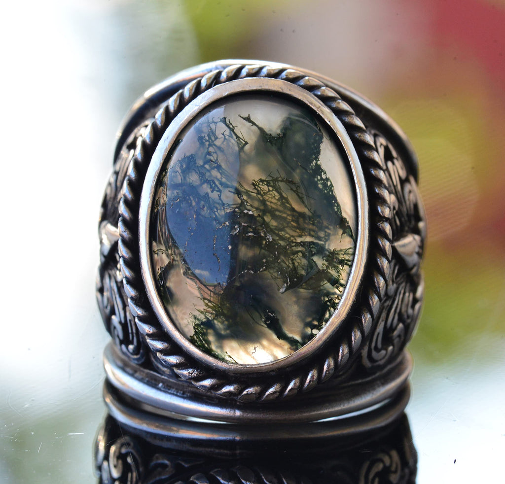 925 Sterling Silver Ring - Natural Agate Stone (Moss Agate) — 5