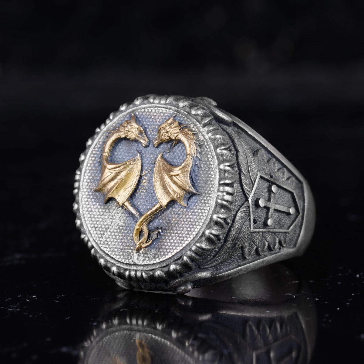 KAMBO 925 Sterling Silver Double Dragon Ring – Handmade Gothic Men's Ring – Fantasy Legendary Creature Jewelry – Bold Statement Ring (Gold Plated) — 5