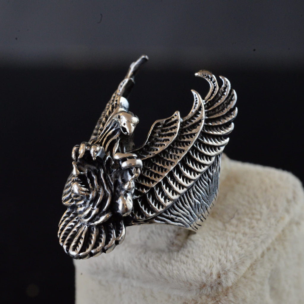 Large and Heavy Silver Biker Ring - Phoenix and Skull Design — 3
