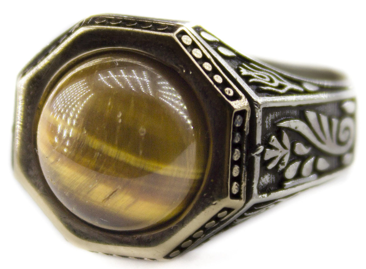 Silver Ring with Natural Tiger's Eye Gemstone - Men's Ring — 3