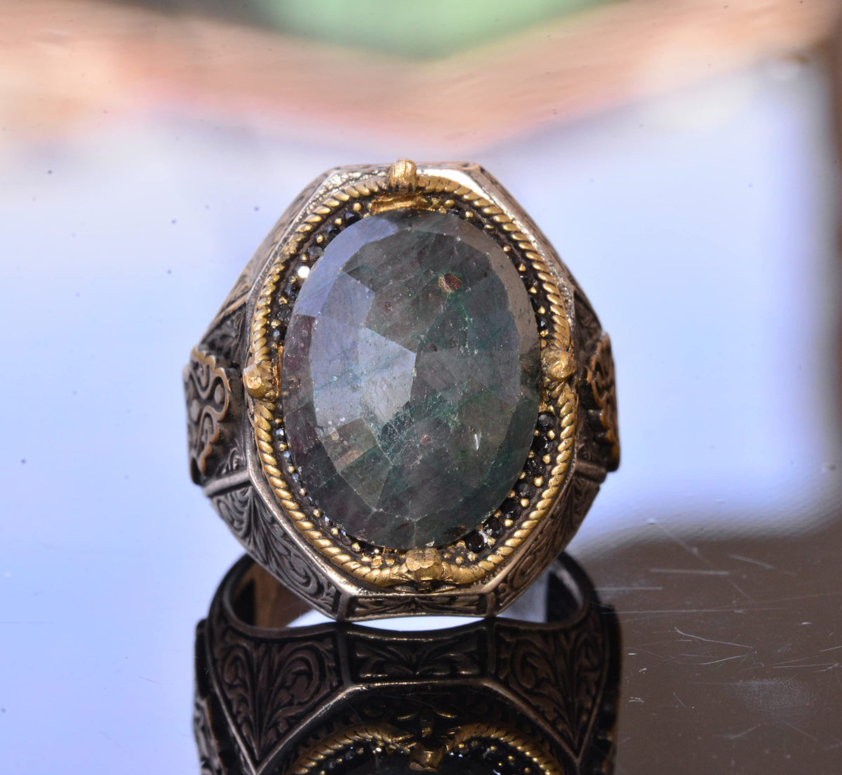 Handmade Vintage Design Emerald Ring - 925 Sterling Silver Men's Ring with Gold Accents (Emerald) — 5