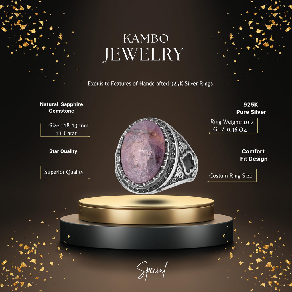 KAMBO Natural Sapphire Men's Ring – 925 Sterling Silver Oval Handmade Stone Statement Ring (Sapphire-1) — 2
