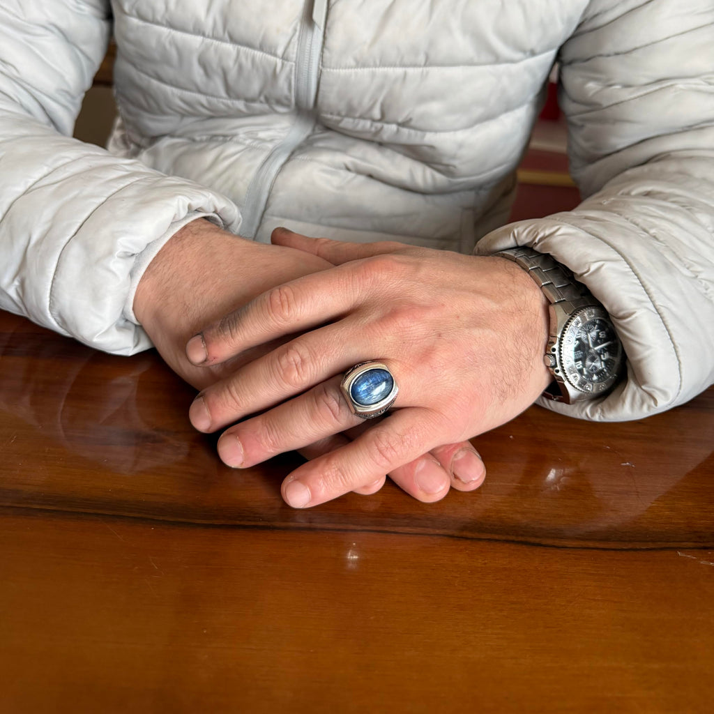 KAMBO Natural Kyanite Stone Men's Ring 925 Sterling Silver Handmade Blue Stone Statement Ring Vintage Design — 3
