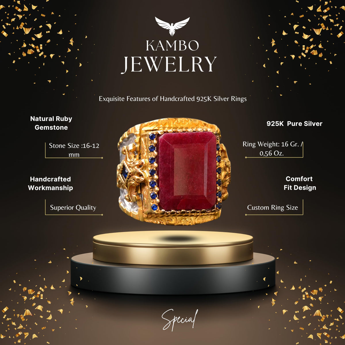 Handmade Natural Ruby Stone Gold Plated Silver Men's Ring - Symbol of Passion and Abundance — 2