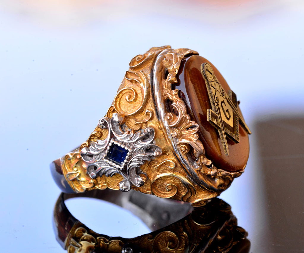 Mason Ring - Master Mason Silver Ring, Tiger Eye Stone, Gold Plated — 4