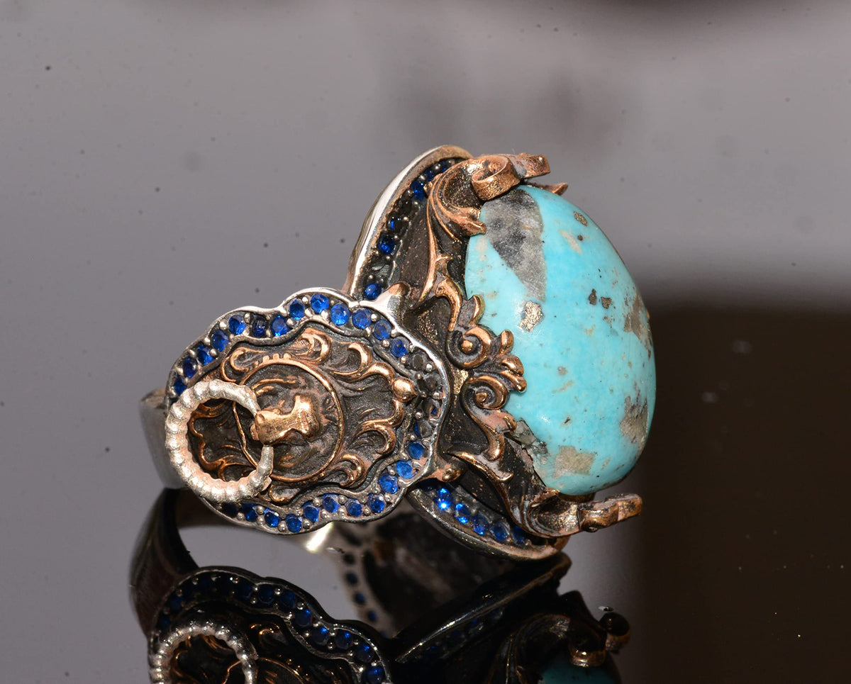 KAMBO Handmade 925 Sterling Silver Men's Ring with Genuine Natural Arizona Turquoise Gemstone Lion Design Vintage Statem