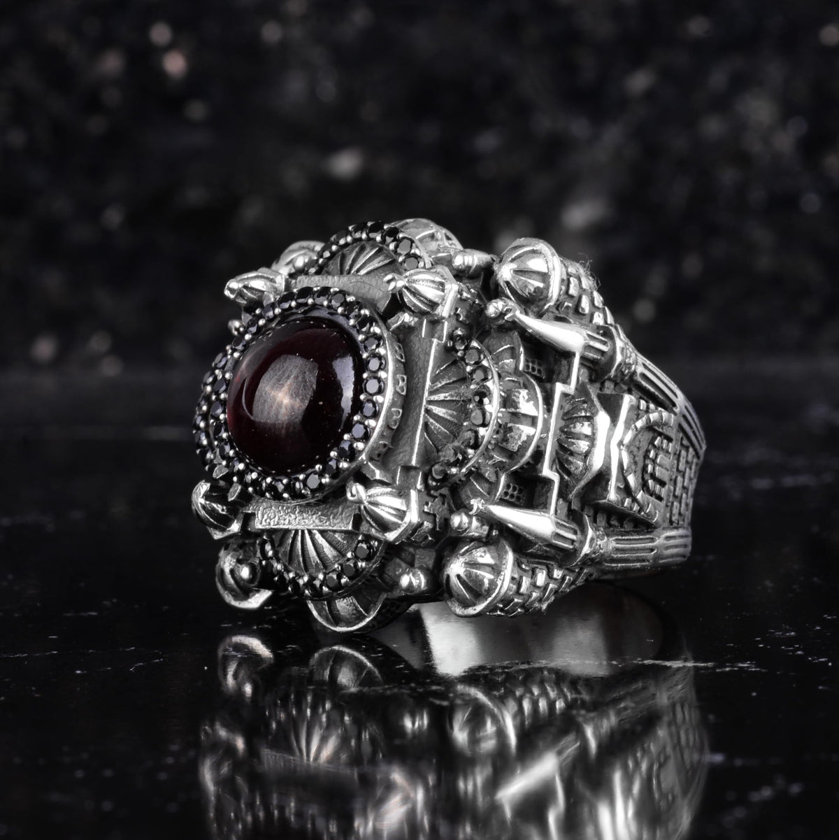 KAMBO Large Natural Stone Men's Ring 925 Sterling Silver – Handmade Statement Ring Inspired by Islamic Mosque (Red Garnet) — 5
