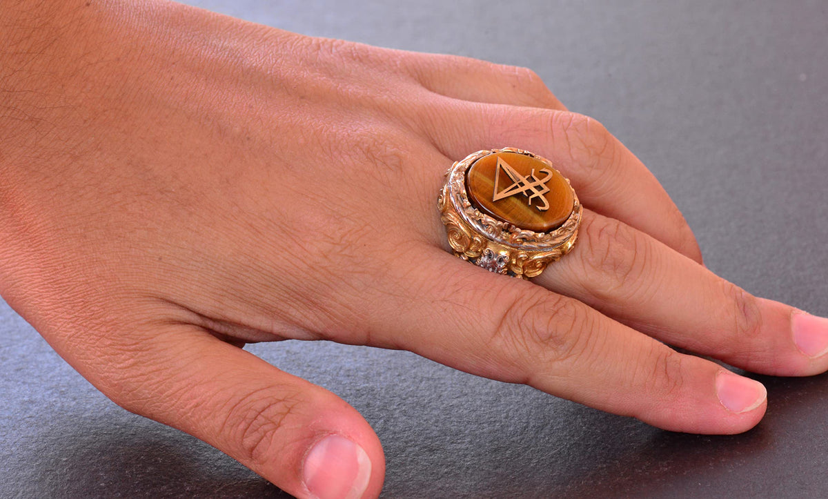 KAMBO Handmade 925 Sterling Silver Men's Signet Ring with Tiger Eye Stone, Satanic Sigil of Lucifer Gothic Occult Design