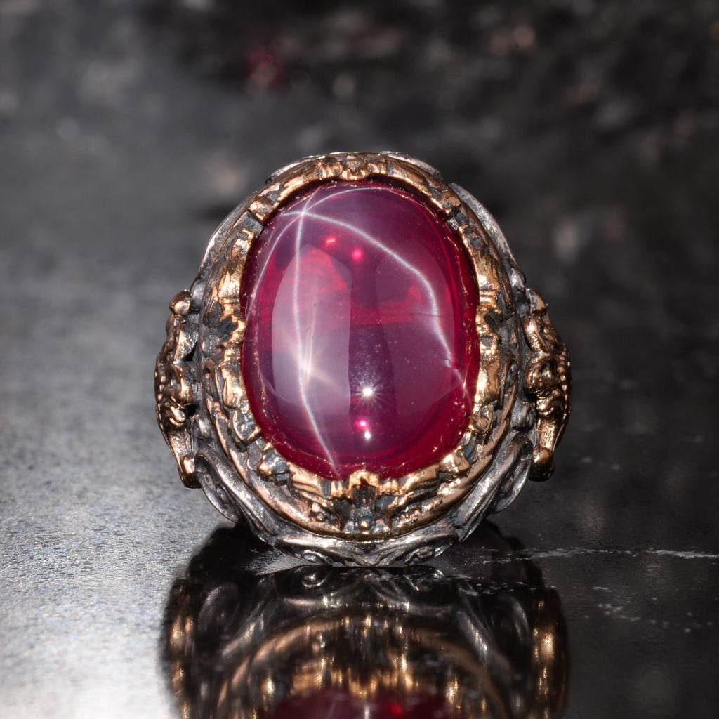 KAMBO Natural Star Ruby Stone Ring for Men 925 Sterling Silver Bronze Detailed Ottoman Pattern Handmade Statement Ring Asterism Ruby — 4