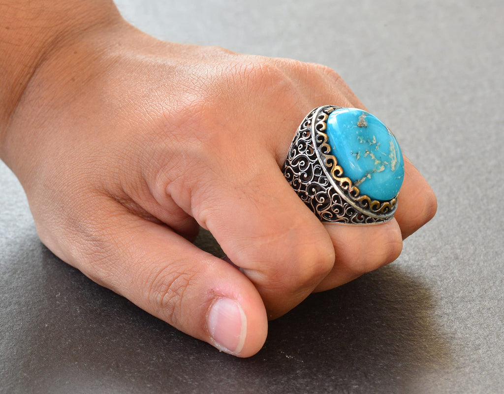 Natural Arizona Turquoise Stone Ring, 925 Sterling Silver Men's Ring (Model-3) — 7
