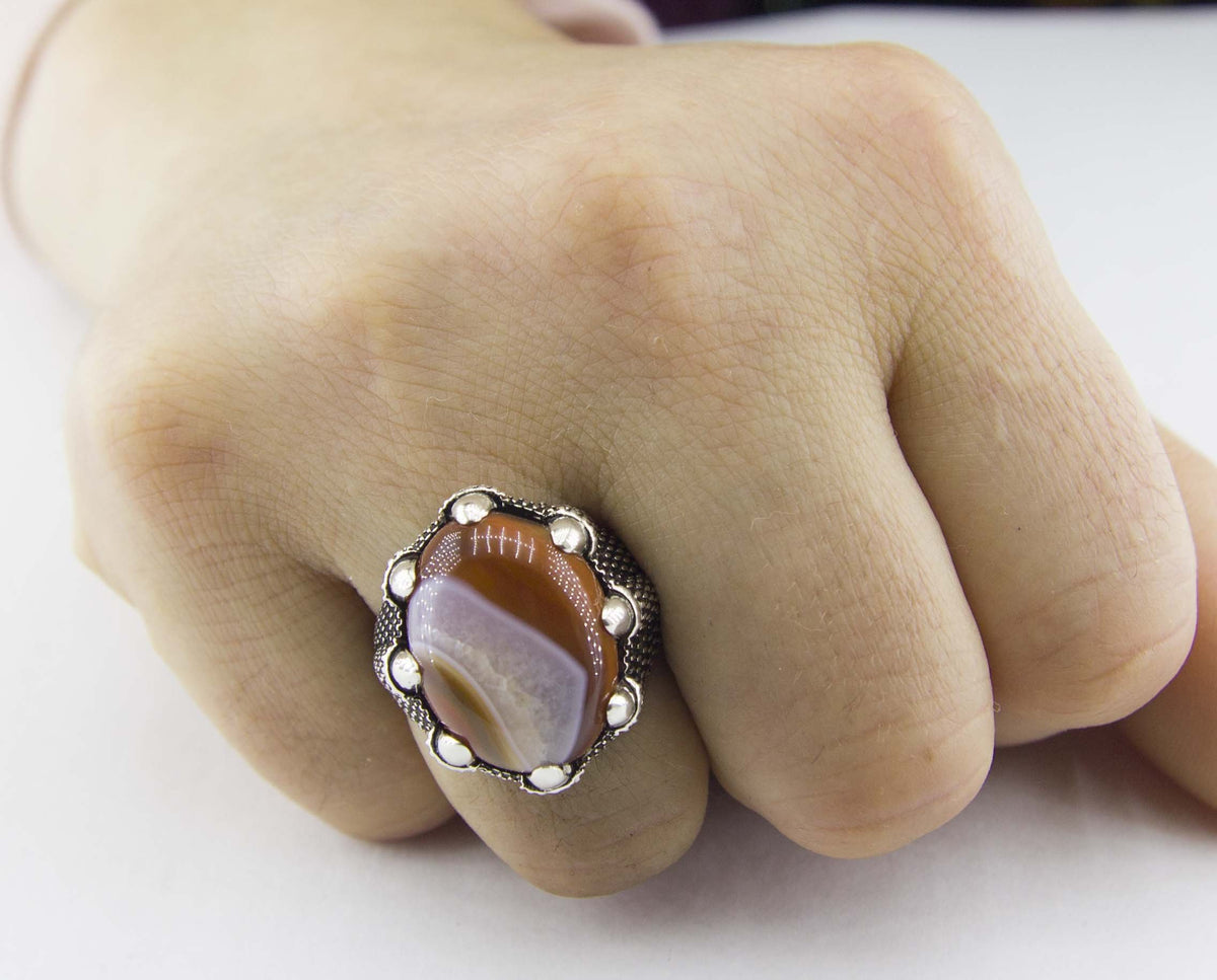 Silver Men's Ring, Natural Agate Stone, Eagle Claw Ring — 4