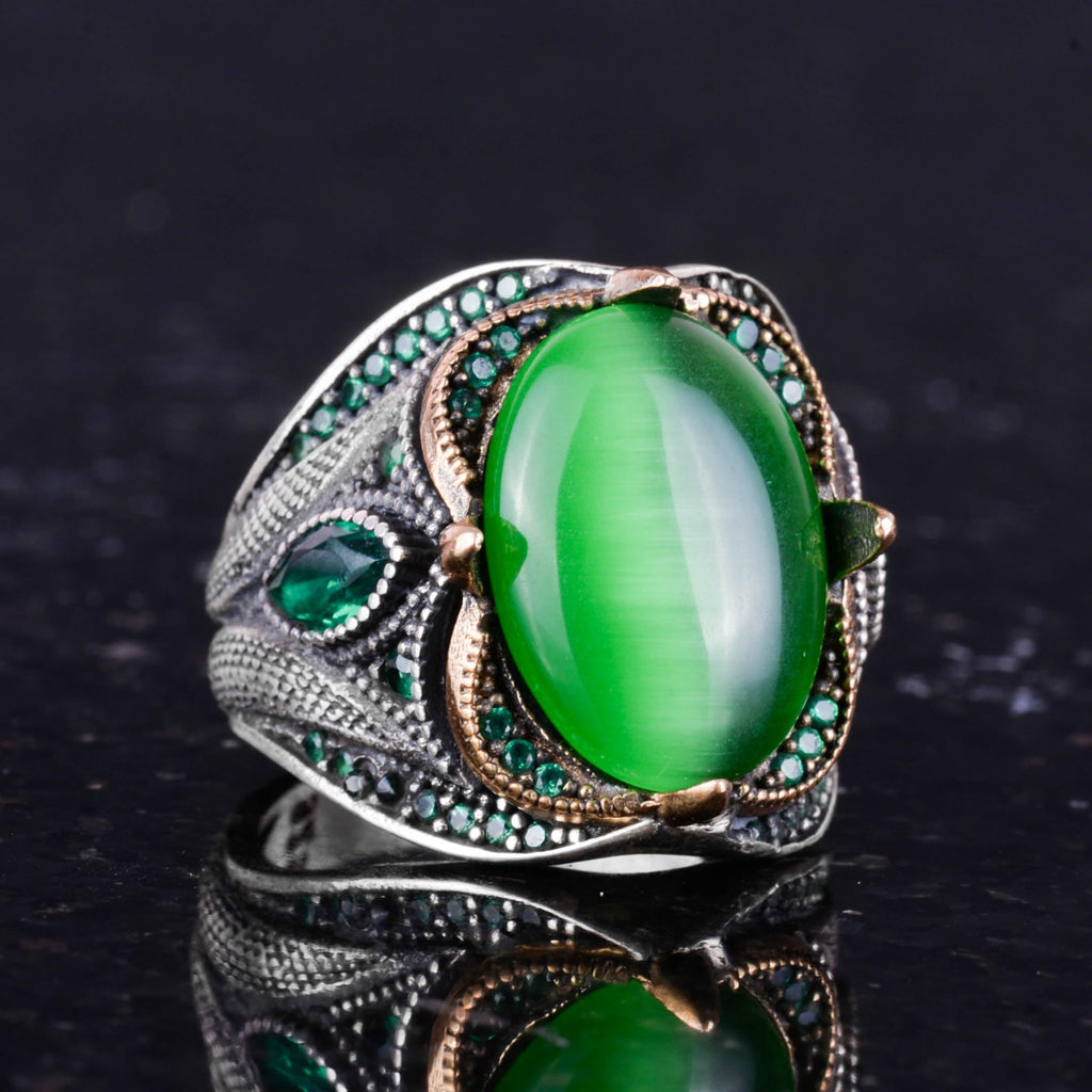 Kambo Synthetic Green Cat's Eye Stone Ring – 925 Sterling Silver Handmade Jewelry — 5
