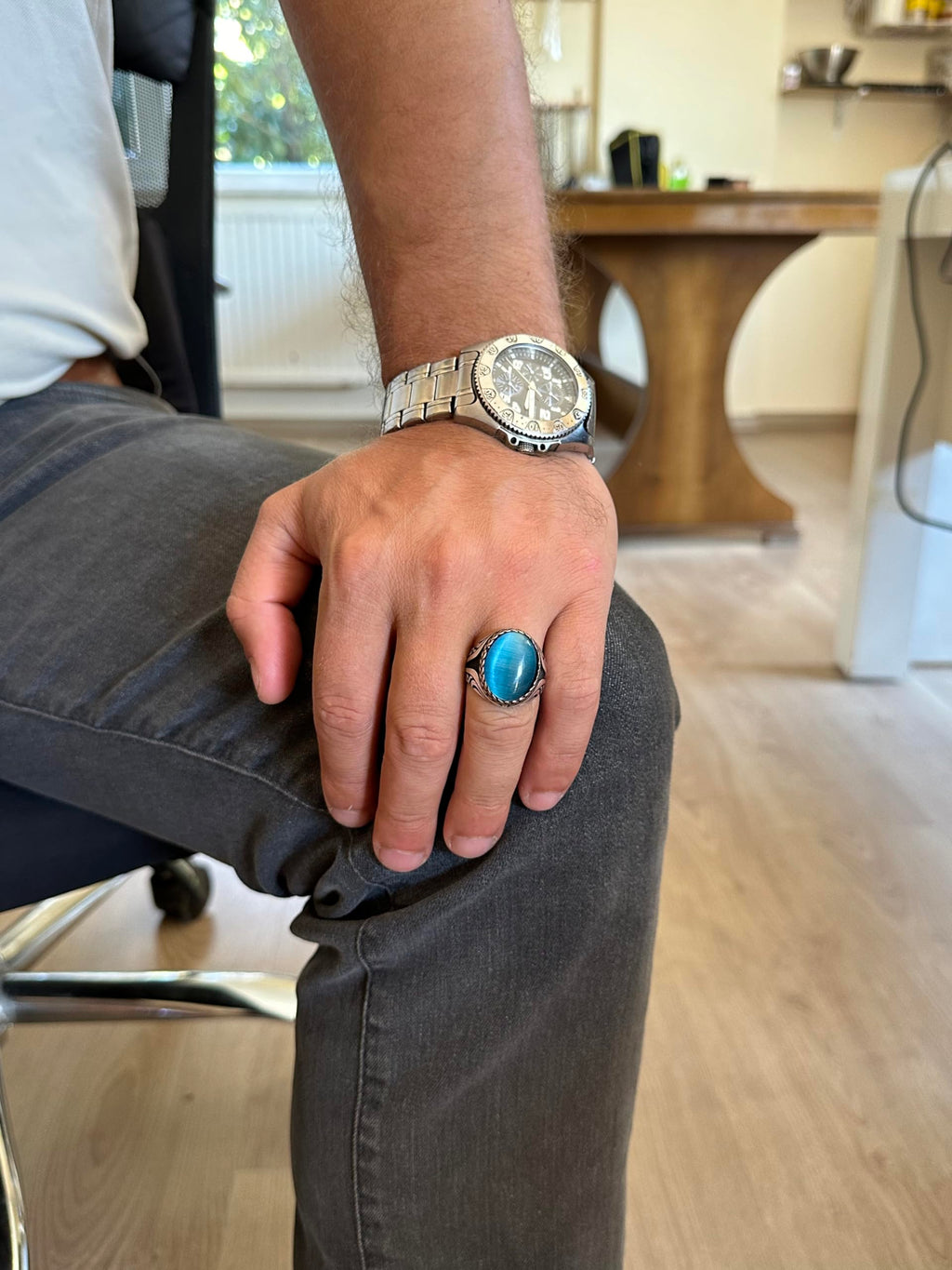 925 Sterling Silver Ring - Synthetic Stone Silver Ring - Handmade Ring (Light Blue Cat Eye) — 3