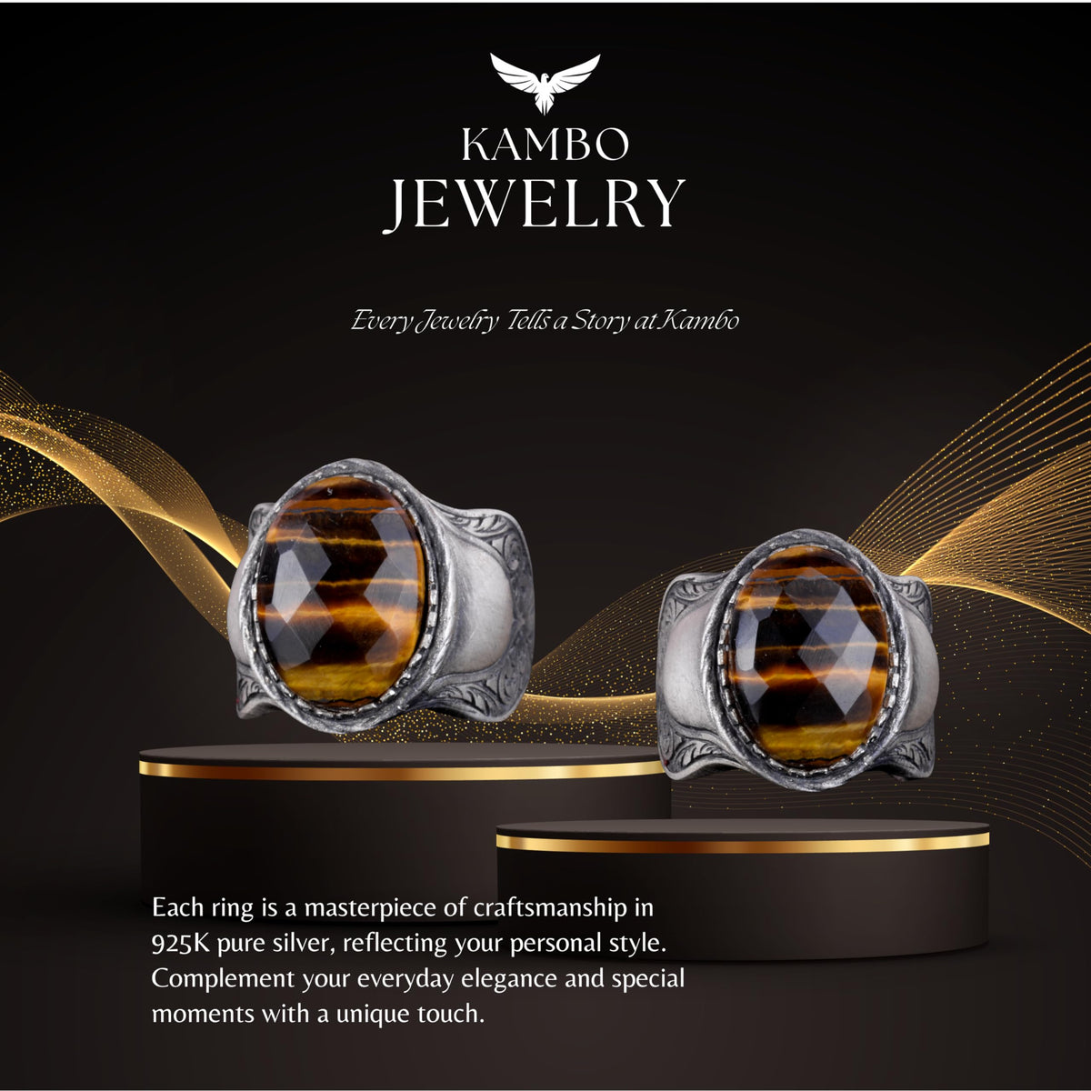 Natural Stone Ring, 925 Sterling Silver Ring, (Tiger Eye) — 7