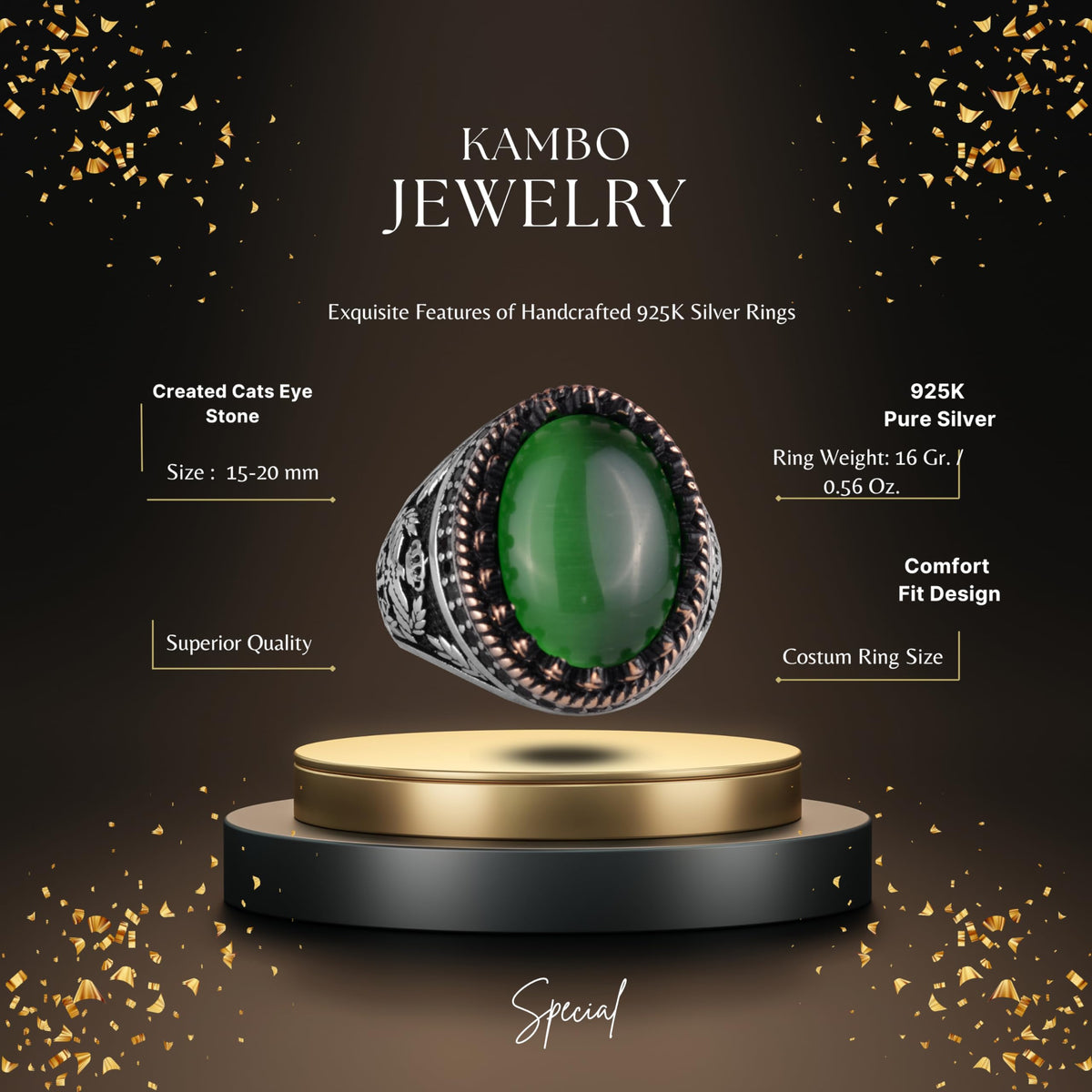 KAMBO 925 Sterling Silver Men's Ring, Created Stone Ring, Eagle Symbol Ring, Handmade Ring (Created Green Cat's Eye) — 2