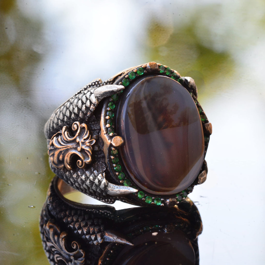 925 Sterling Silver Men's Ring, Handmade Vintage Style Silver Ring with Natural Agate Stone — 3