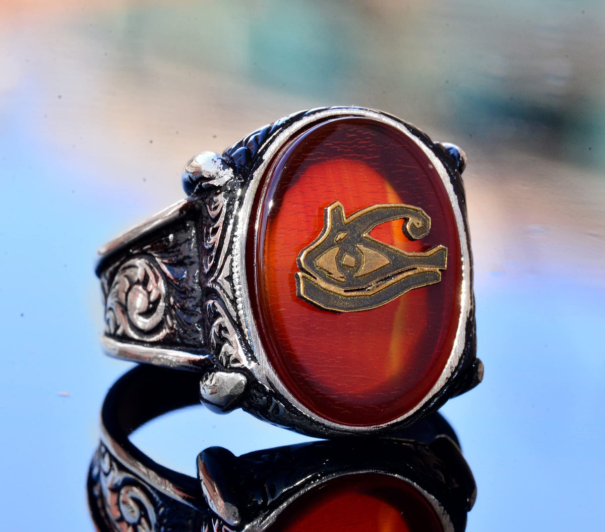 Handcrafted 925 Sterling Silver Men's Ring with Created Agate Stone and Eye of Horus Design, Unique Mystical Jewelry