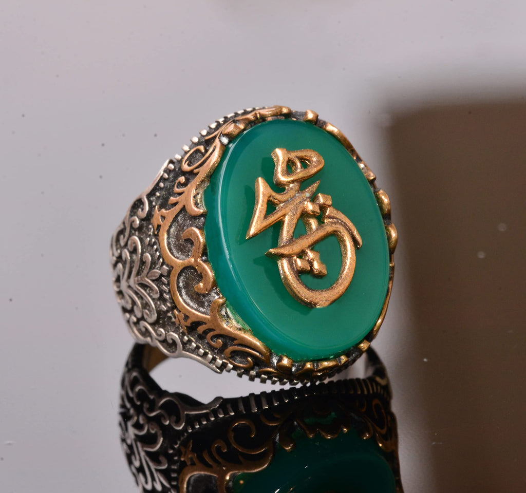 925 Sterling Silver Ring - Symbols Ring - Green Woodstone Ring — 3