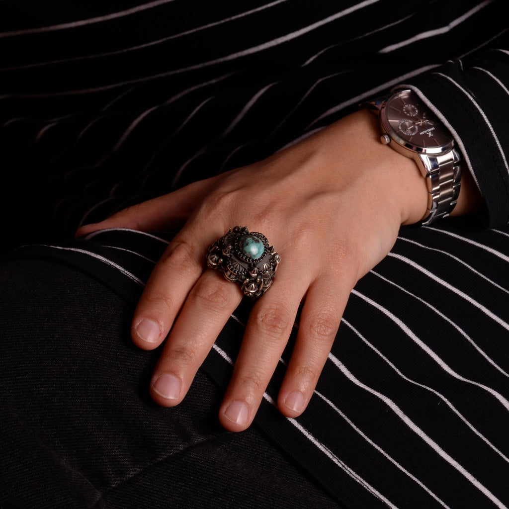 925 Sterling Silver Men's 3D Mosque Ring with Natural Arizona Turquoise Stone — 3