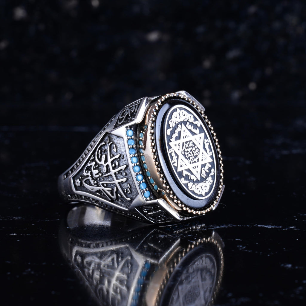 KAMBO Star of David Engraved Men's Ring 925 Sterling Silver – Oval Statement Ring with Turquoise Details – Vintage Handmade Silver Ring — 6