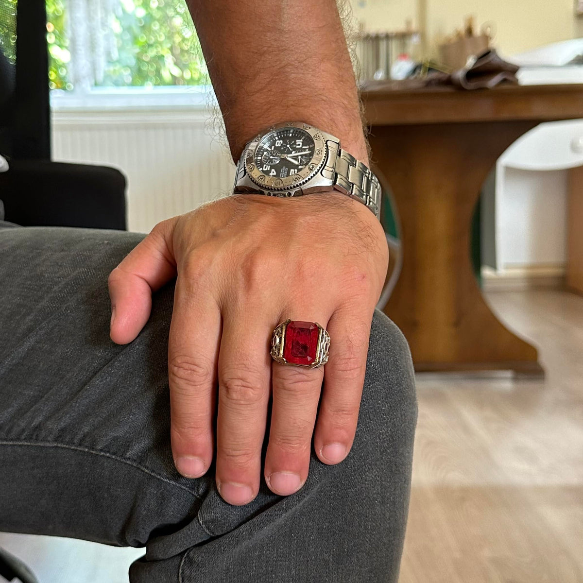 925 Sterling Silver Handcrafted Men's Ring - Artificial Stone Ring (Artificial Red Paraiba) — 3