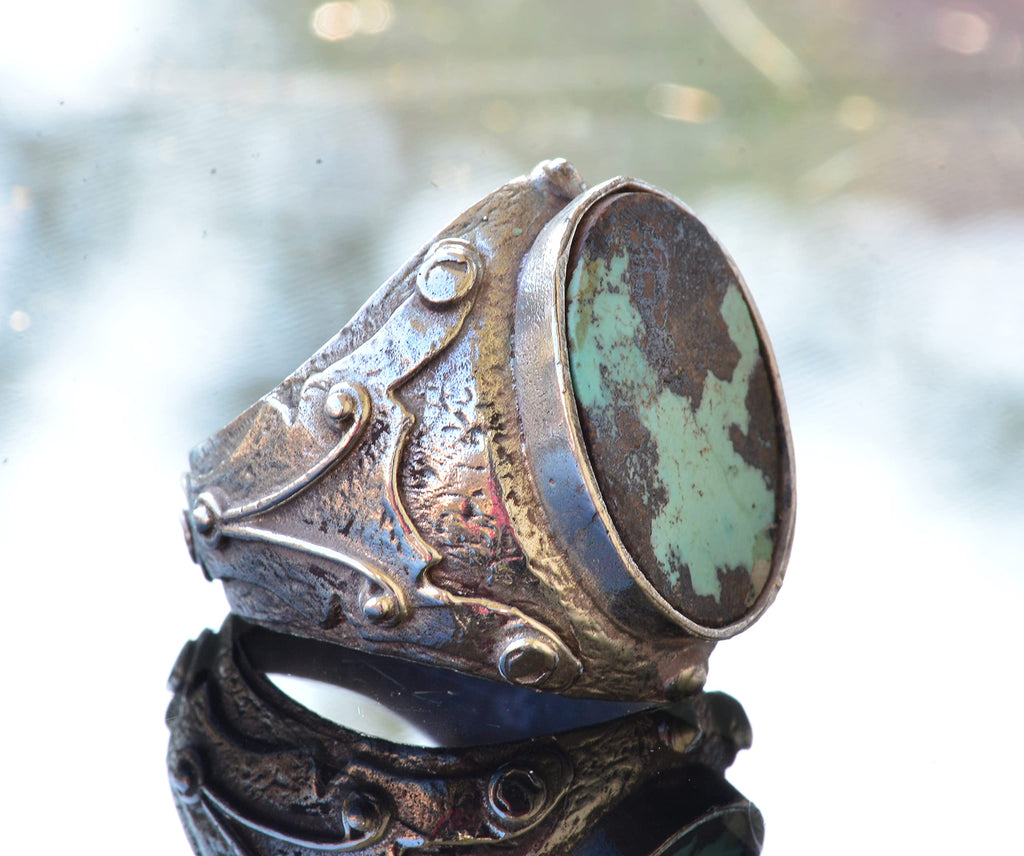 KAMBO Natural Arizona Turquoise Stone Ring, Byzantine Ring, Silver Men's Ring — 4