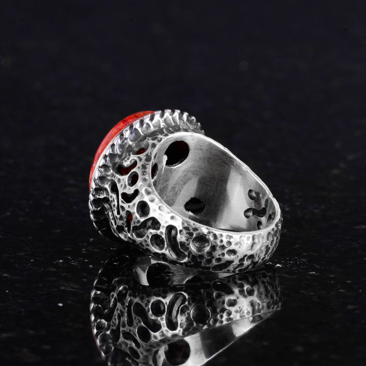 Natural Stone Ring - 925 Sterling Silver Men's Ring with Red Coral — 5