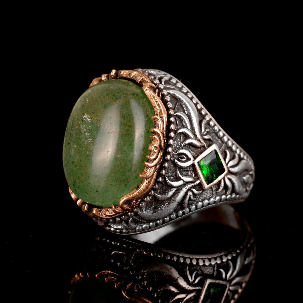 Emerald Natural Cabochon Stone Ring, Handmade Men's Ring, Silver Men's Ring — 3