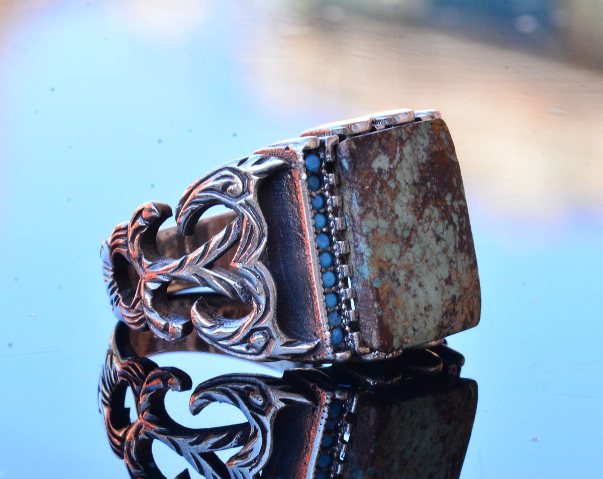 Natural Arizona Turquoise Stone Adjustable Silver Men's Ring — 4