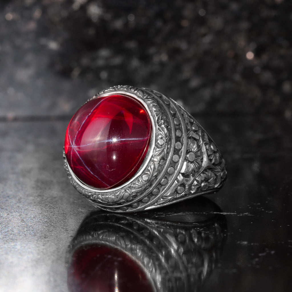 KAMBO Star Ruby Stone Round Men's Ring 925 Sterling Silver – Handmade Vintage Statement Ring – Ottoman Style Jewelry — 5
