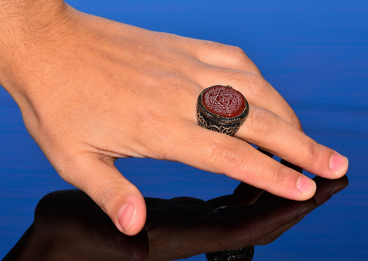 Handcrafted Solomon's Seal Ring, Genuine Red Agate Stone, Islamic Men's Ring, 925 Sterling Silver — 6
